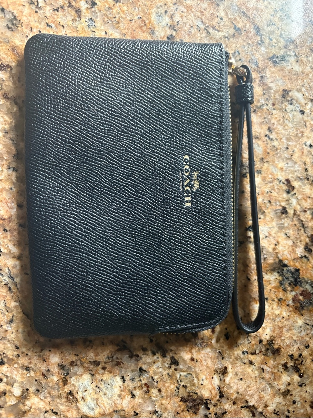 Coach Black Textured Leather Wristlet with Gold Logo